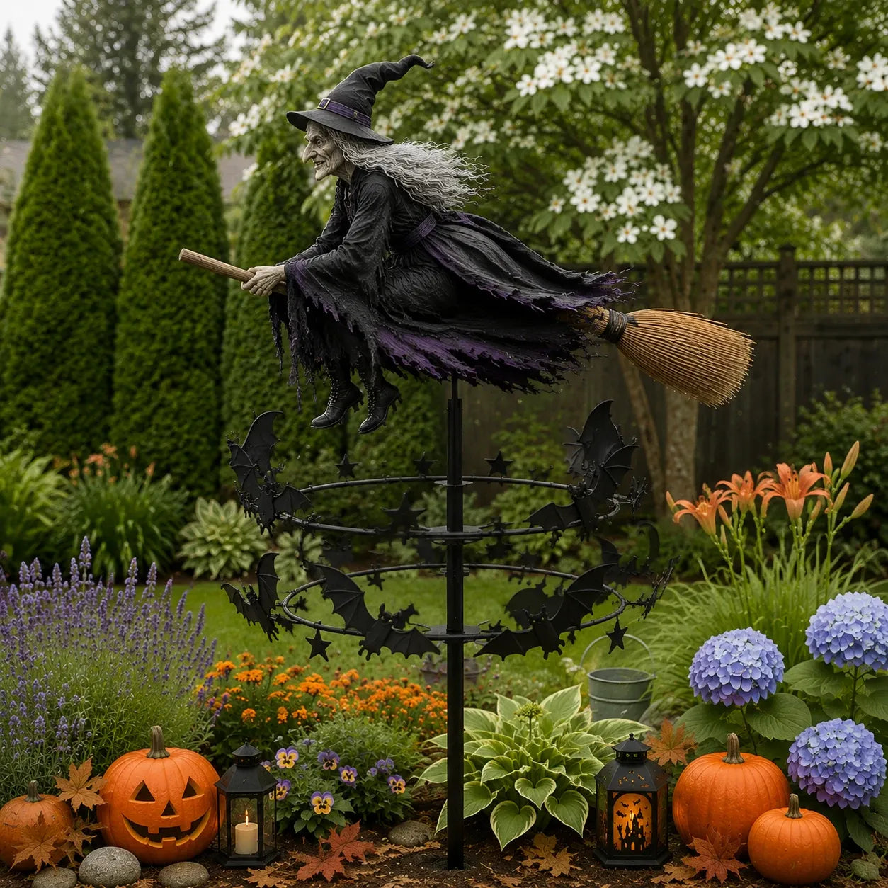 Enchanted Witch Garden Wind Spinner – Where Witches Fly and Bats Dance 🧙‍♀️🌪️