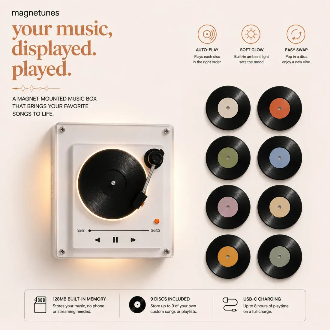 🖤 Retro Magnetic Rotating Record Player Decor