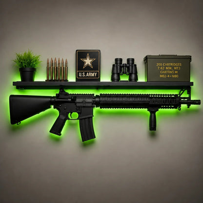 🎯 LED Backlit Wall Display Shelf – Rifle‑Inspired Silhouette with 5 Color Modes